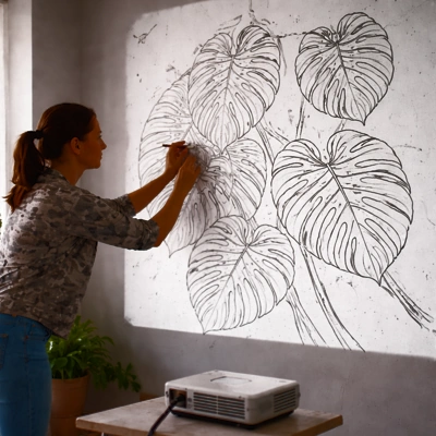artists drawing stencil wall art with projector.