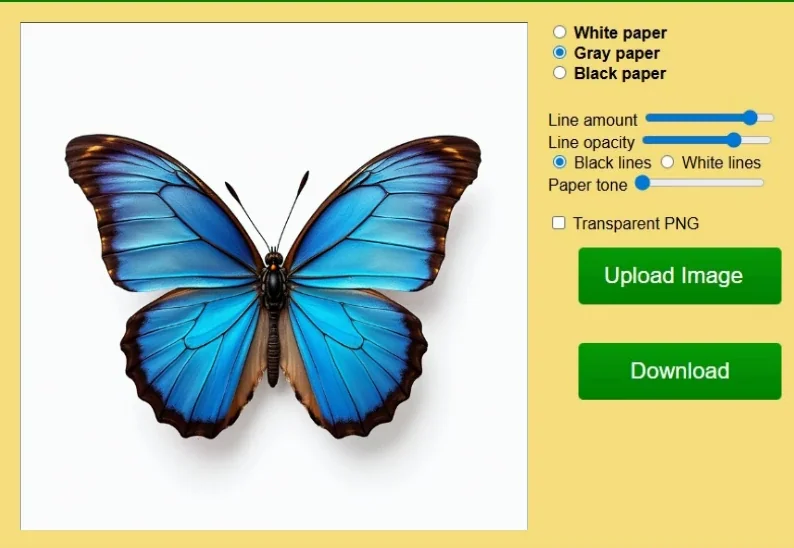 Webp animation showing Sketcher gray paper tone options line colors and background tones with reference photo of a butterfly.