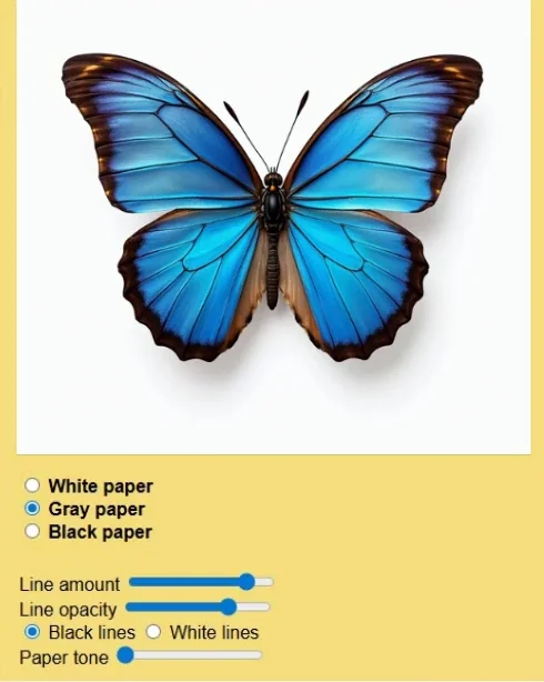 Mobile-optimized Webp animation of Sketcher app with paper gray options showing scales customizing line colors and paper values on a butterfly reference photo.