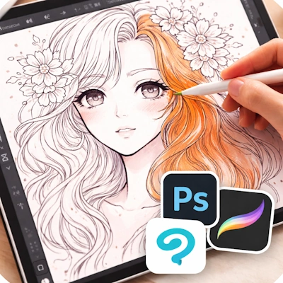 Photoshop and Procreate line art overlay.