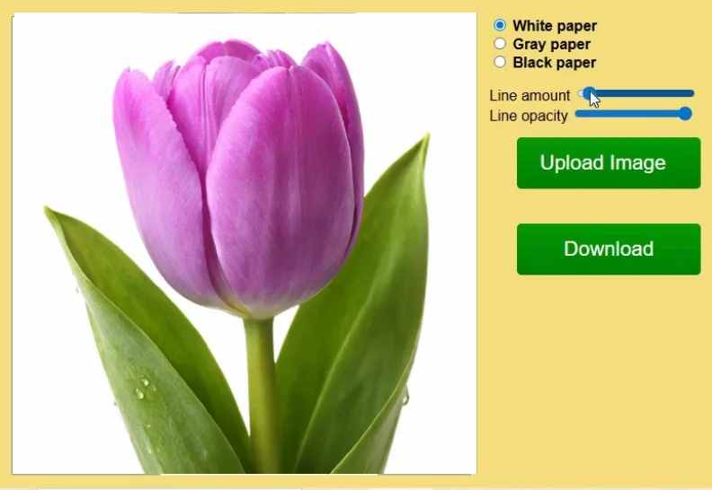 Webp animation showing Sketcher app sliders adjusting line amount and opacity for a purple tulip reference.