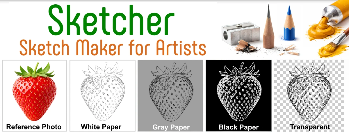 Sketcher App banner showing photorealistic strawberry reference converted into white, gray, and black paper line art modes with traditional art tools.