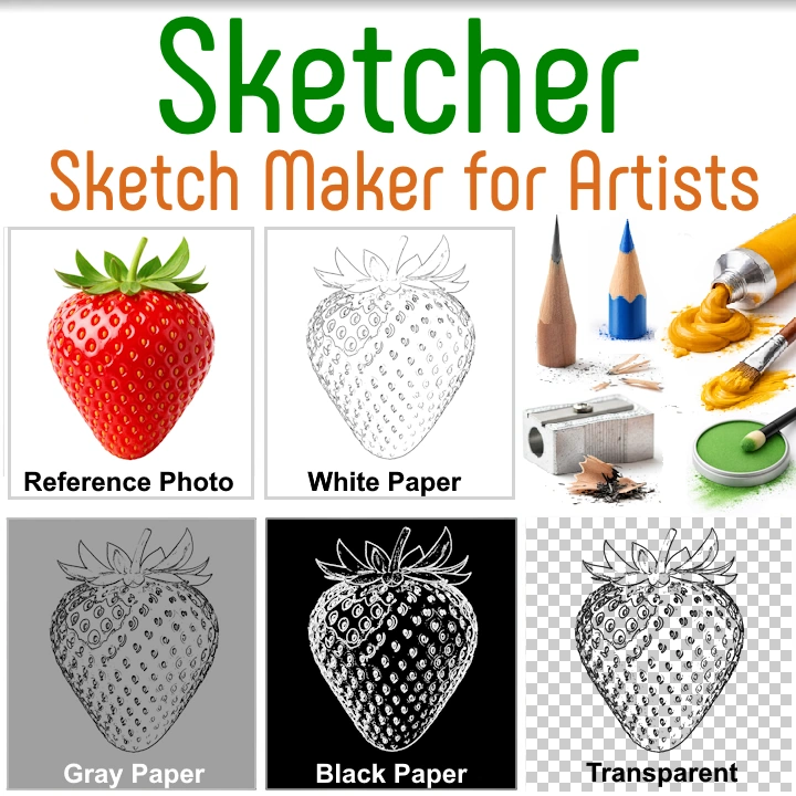 Mobile view of Sketcher App comparing a strawberry photo to artist-grade line art outlines for traditional drawing.