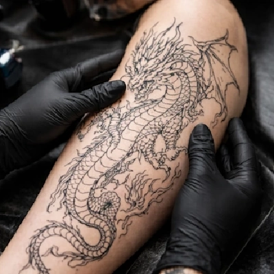 tattoo making artists dragon on arm.